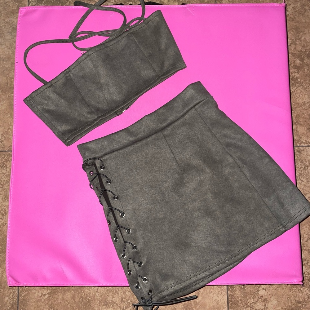 Olive suede skirt set